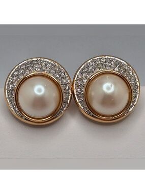 Vintage Monet Faux Pearl & Pave Crystal Clip-On Earrings Gold Tone